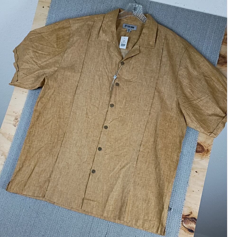 Stacy Adams Linen Party Dress Shirt Mens 3X Sand Brown Cuffed Short No Tuck - Picture 3 of 15